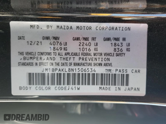 2022 Mazda 3 Select with VIN JM1BPAKL8N1506534, listed as a Copart auction lot 69257814 with Not provided miles and Salvage title. Bid and sale history available at DreamBid. Image 13.