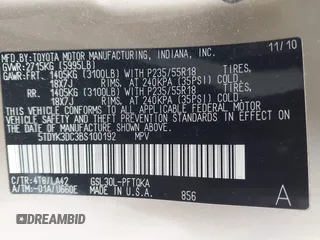 2011 Toyota Sienna XLE AAS with VIN 5TDYK3DC3BS100192, listed as a IAAI auction lot 41874537 with 190,631 mi miles and . Bid and sale history available at DreamBid. Image 9.