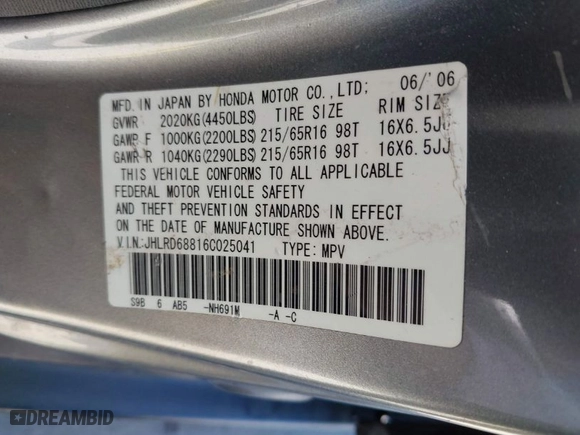 2006 Honda CR-V EX with VIN JHLRD68816C025041, listed as a IAAI auction lot 41963589 with 180,077 mi miles. Bid and sale history available at carsss.com. Image 9.