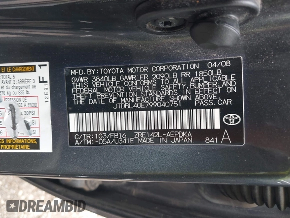 2009 Toyota Corolla with VIN JTDBL40E799040751, listed as a IAAI auction lot 42046821 with 199,634 mi miles. Bid and sale history available at carsss.com. Image 9.