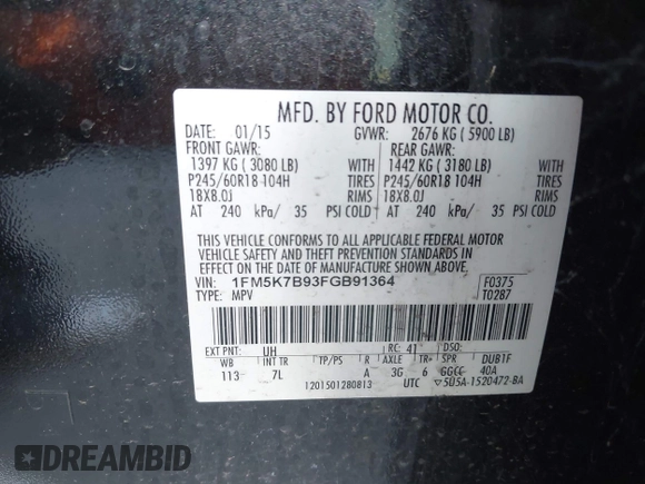 2015 Ford Explorer with VIN 1FM5K7B93FGB91364, listed as a IAAI auction lot 42607241 with 113,421 mi miles and . Bid and sale history available at DreamBid. Image 9.
