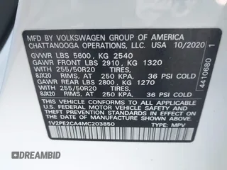 2021 Volkswagen Atlas SE with VIN 1V2PE2CA4MC203850, listed as a IAAI auction lot 41634034 with 56,336 mi miles and . Bid and sale history available at DreamBid. Image 9.