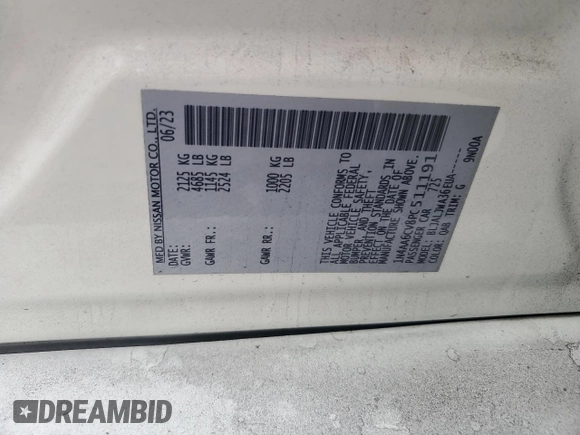 2023 Nissan Maxima SV with VIN 1N4AA6CV8PC511191, listed as a Copart auction lot 57969965 with 35,391 mi miles and Salvage title. Bid and sale history available at DreamBid. Image 13.