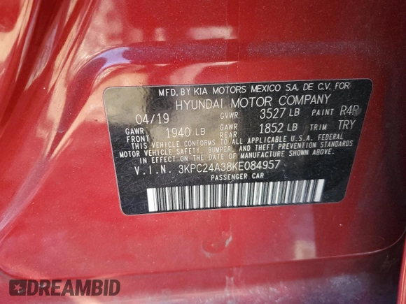 2019 Hyundai Accent SE with VIN 3KPC24A38KE084957, listed as a Copart auction lot 44552385 with 82,200 mi miles and Salvage Title. Bid and sale history available at carsss.com. Image 12.