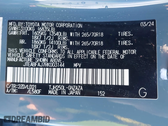 2024 Toyota Land Cruiser z VIN JTEABFAJ7RK003144, wystawiony jako IAAI lot #42040885 z przebiegiem 4 749 mil mil oraz . Historia ofert i sprzedaży dostępna na DreamBid. Obrazek 9.