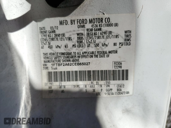 2012 Ford F-250 XL with VIN 1FTBF2A62CEB65027, listed as a Copart auction lot 87708765 with 119,132 mi miles and Salvage title. Bid and sale history available at DreamBid. Image 12.