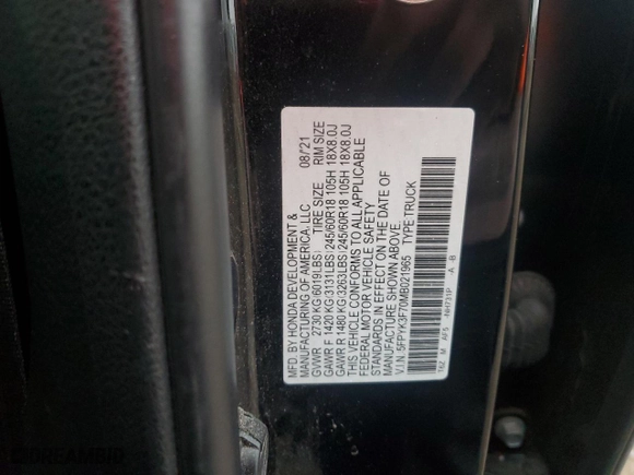 2021 Honda Ridgeline RTL-E with VIN 5FPYK3F70MB021965, listed as a Copart auction lot 43346265 with 71,686 mi miles and Salvage Title. Bid and sale history available at carsss.com. Image 15.