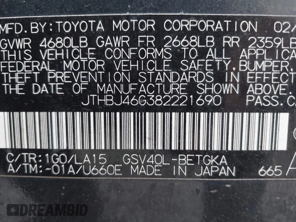 2008 Lexus ES 330 с VIN JTHBJ46G382221690, выставлен на аукционе IAAI как лот 42376403 с пробегом 137 969 миль миль и . История ставок и продаж доступна на DreamBid. Изображение 9.