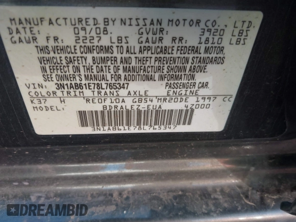 2008 Nissan Sentra S with VIN 3N1AB61E78L765347, listed as a IAAI auction lot 42193054 with 128,681 mi miles and . Bid and sale history available at DreamBid. Image 9.