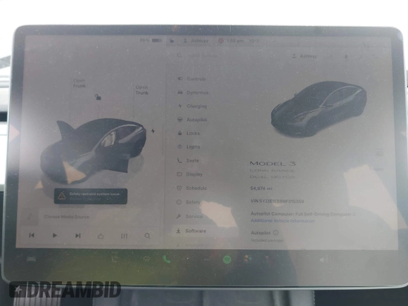 2022 Tesla Model 3 Long Range z VIN 5YJ3E1EB8NF315359, wystawiony jako IAAI lot #42035599 z przebiegiem 54 974 mil mil oraz . Historia ofert i sprzedaży dostępna na DreamBid. Obrazek 7.