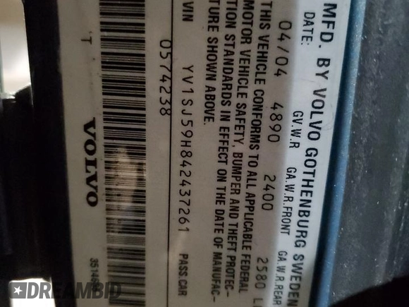 2004 Volvo V70 с VIN YV1SJ59H842437261, выставлен на аукционе Copart как лот 41640795 с пробегом 162 716 миль миль и Списание • Salvage title. История ставок и продаж доступна на DreamBid. Изображение 13.