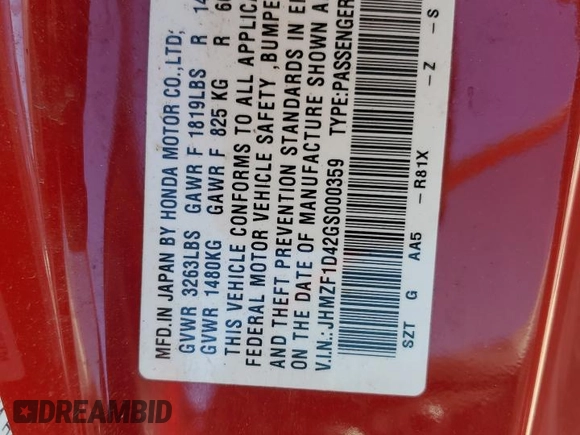 2016 Honda CR-Z LX with VIN JHMZF1D42GS000359, listed as a Copart auction lot 74703483 with 56,331 mi miles and . Bid and sale history available at carsss.com. Image 13.