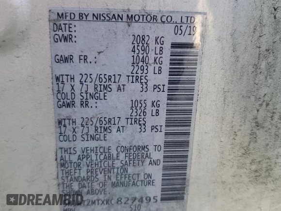 2019 Nissan Rogue SV with VIN 5N1AT2MTXKC827495, listed as a Copart auction lot 50581435 with 103,692 mi miles and Salvage Title. Bid and sale history available at carsss.com. Image 14.