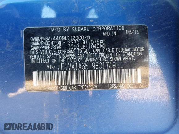 2020 Subaru WRX with VIN JF1VA1A65L9801749, listed as a IAAI auction lot 41247595 with 70,687 mi miles. Bid and sale history available at carsss.com. Image 9.