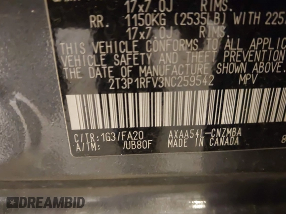 2022 Toyota RAV4 XLE with VIN 2T3P1RFV3NC259542, listed as a IAAI auction lot 42372093 with 42,896 mi miles and . Bid and sale history available at DreamBid. Image 9.
