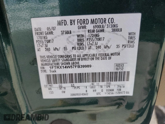 2007 Ford F-150 STX with VIN 1FTRX14W57FB39989, listed as a Copart auction lot 50695635 with 252,852 mi miles and Salvage title. Bid and sale history available at DreamBid. Image 12.