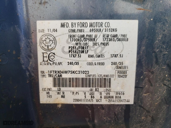 2005 Ford F-150 STX with VIN 1FTRX04W75KC31023, listed as a Copart auction lot 77093034 with 266,966 mi miles and Salvage Title. Bid and sale history available at carsss.com. Image 14.