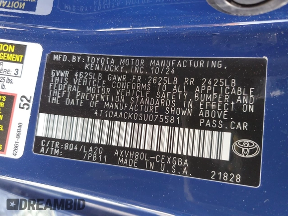 2025 Toyota Camry LE with VIN 4T1DAACK0SU075581, listed as a Copart auction lot 54570525 with 2,329 mi miles and Non Repairable. Bid and sale history available at DreamBid. Image 12.
