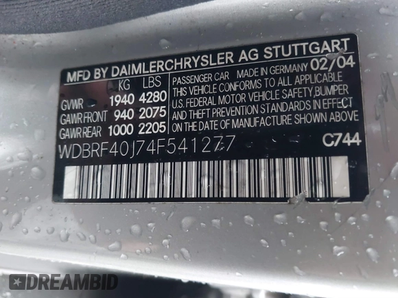2004 Mercedes-Benz C 230 Kompressor with VIN WDBRF40J74F541277, listed as a IAAI auction lot 41480941 with 100,708 mi miles and . Bid and sale history available at DreamBid. Image 9.