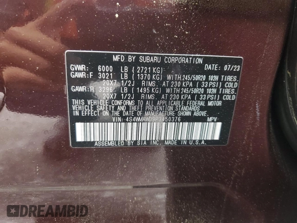 2023 Subaru Ascent Touring с VIN 4S4WMAWD9P3450376, выставлен на аукционе Copart как лот 56631655 с пробегом 10 031 миль миль и Списание • Salvage title. История ставок и продаж доступна на DreamBid. Изображение 13.