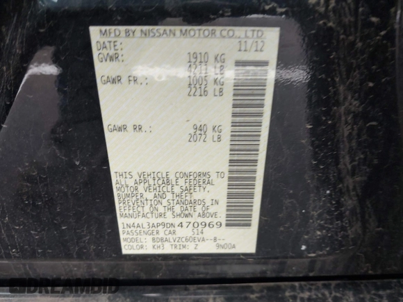 2013 Nissan Altima SV with VIN 1N4AL3AP9DN470969, listed as a IAAI auction lot 41833969 with 111,442 mi miles and . Bid and sale history available at carsss.com. Image 9.