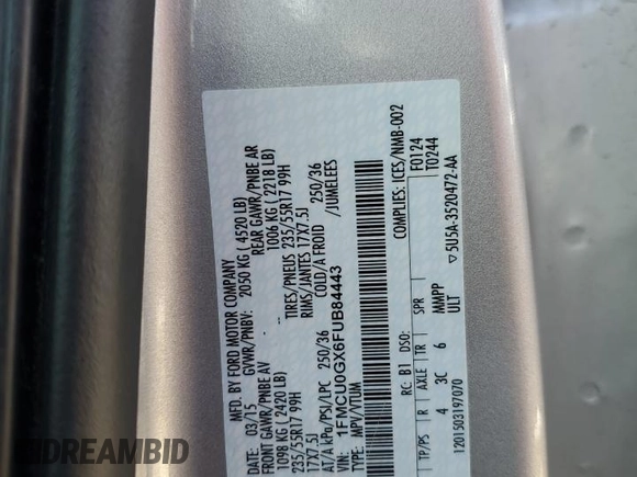 2015 Ford Escape SE with VIN 1FMCU0GX6FUB84443, listed as a Copart auction lot 54317665 with 184,268 mi miles and Clean Title. Bid and sale history available at carsss.com. Image 13.
