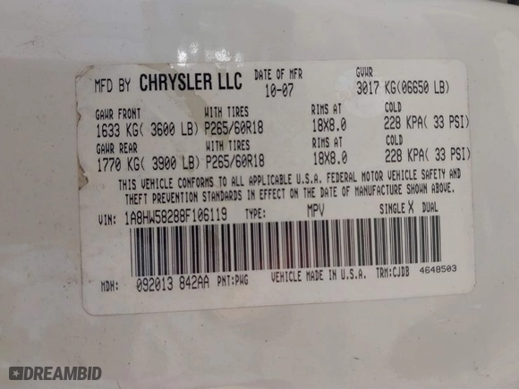 2008 Chrysler Aspen Limited with VIN 1A8HW58288F106119, listed as a IAAI auction lot 41695659 with NaN miles. Bid and sale history available at carsss.com. Image 9.