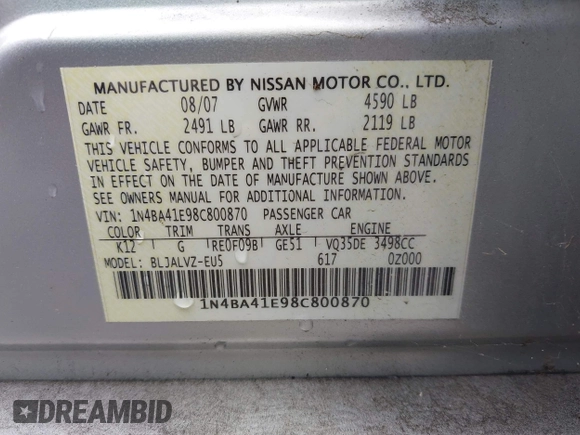 2008 Nissan Maxima SE z VIN 1N4BA41E98C800870, wystawiony jako IAAI lot #42438249 z przebiegiem Nie podano mil oraz . Historia ofert i sprzedaży dostępna na DreamBid. Obrazek 9.