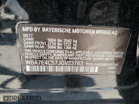 2018 BMW 7 Series 740i xDrive with VIN WBA7E4C57JGV23763, listed as a Copart auction lot 67151864 with 173,803 mi miles and Clean Title. Bid and sale history available at carsss.com. Image 12.