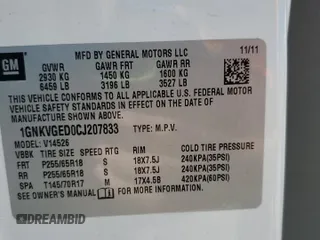 2012 Chevrolet Traverse 1LT z VIN 1GNKVGED0CJ207833, wystawiony jako Copart lot #58083155 z przebiegiem 120 058 mil mil oraz Szkoda całkowita • Salvage title. Historia ofert i sprzedaży dostępna na DreamBid. Obrazek 13.