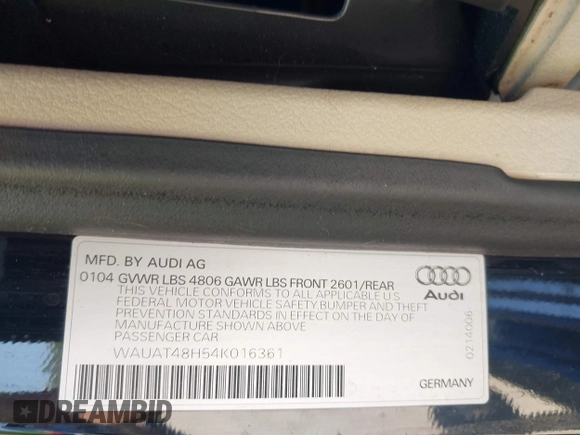 2004 Audi A4 3.0L with VIN WAUAT48H54K016361, listed as a IAAI auction lot 42597566 with 101,128 mi miles and . Bid and sale history available at DreamBid. Image 9.