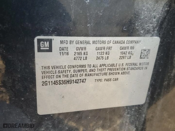 2017 Chevrolet Impala Premier with VIN 2G1145S36H9142747, listed as a Copart auction lot 46801285 with 359,809 mi miles and Salvage Title. Bid and sale history available at carsss.com. Image 14.