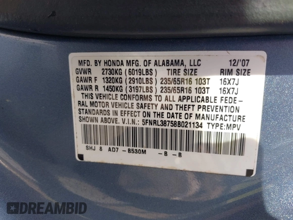 2008 Honda Odyssey EX-L with VIN 5FNRL38758B021134, listed as a IAAI auction lot 42097387 with 155,355 mi miles and . Bid and sale history available at DreamBid. Image 9.