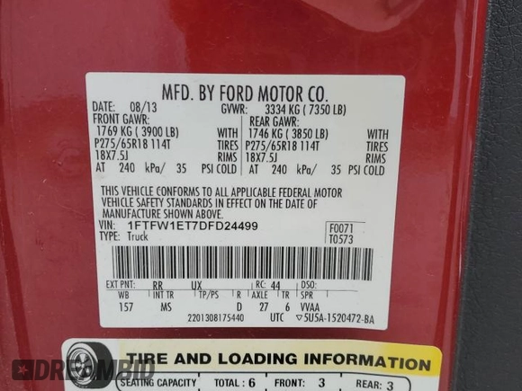 2013 Ford F-150 XL with VIN 1FTFW1ET7DFD24499, listed as a Copart auction lot 58368505 with 182,513 mi miles and Salvage title. Bid and sale history available at DreamBid. Image 12.