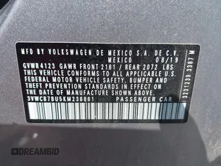 2019 Volkswagen Jetta S с VIN 3VWCB7BU5KM238861, выставлен на аукционе IAAI как лот 42417868 с пробегом 56 268 миль миль и . История ставок и продаж доступна на DreamBid. Изображение 9.