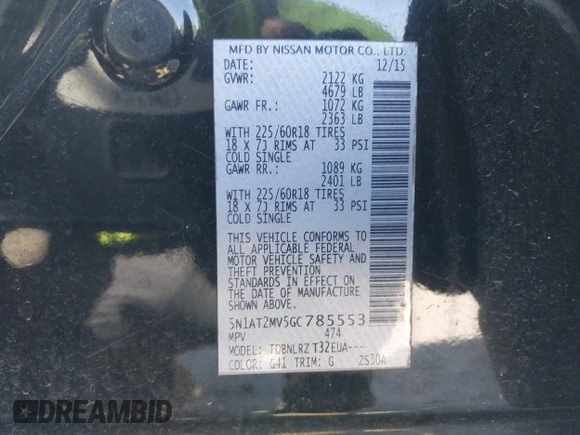 2016 Nissan Rogue SL with VIN 5N1AT2MV5GC785553, listed as a IAAI auction lot 42022397 with 181,026 mi miles and . Bid and sale history available at DreamBid. Image 9.