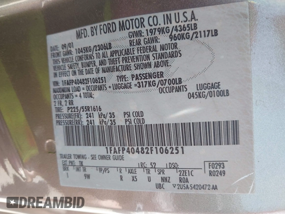 2002 Ford Mustang Standard с VIN 1FAFP40482F106251, выставлен на аукционе IAAI как лот 42262810 с пробегом 208 613 миль миль и . История ставок и продаж доступна на DreamBid. Изображение 9.