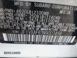 2022 Subaru WRX Premium with VIN JF1VBAF63N9003498, listed as a IAAI auction lot 42249515 with 33,796 mi miles and . Bid and sale history available at DreamBid. Image 9.