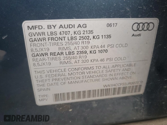 2018 Audi Q3 Premium Plus with VIN WA1HCCFS2JR007320, listed as a Copart auction lot 50150175 with 70,096 mi miles and Salvage Title. Bid and sale history available at carsss.com. Image 14.