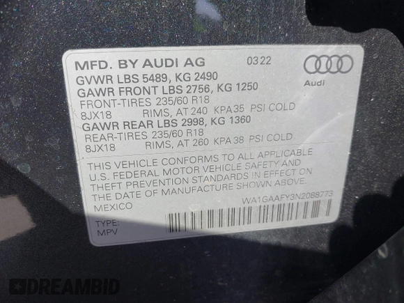 2022 Audi Q5 S line Premium z VIN WA1GAAFY3N2088773, wystawiony jako IAAI lot #41969990 z przebiegiem 22 922 mil mil oraz . Historia ofert i sprzedaży dostępna na DreamBid. Obrazek 9.
