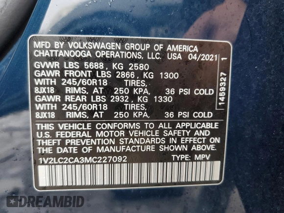 2021 Volkswagen Atlas SE with VIN 1V2LC2CA3MC227092, listed as a Copart auction lot 39949094 with 43,350 mi miles and . Bid and sale history available at DreamBid. Image 13.