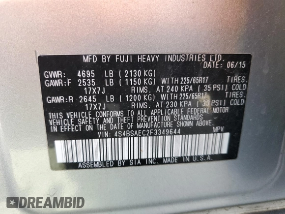 2015 Subaru Outback Premium with VIN 4S4BSAEC2F3349644, listed as a Copart auction lot 53554925 with 100,467 mi miles and Salvage title. Bid and sale history available at DreamBid. Image 13.