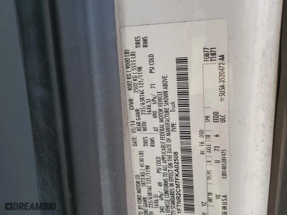 2015 Ford Transit Cargo Van with VIN 1FTNR2CM7FKA02508, listed as a Copart auction lot 74822104 with 260,773 mi miles and Salvage Title. Bid and sale history available at carsss.com. Image 14.