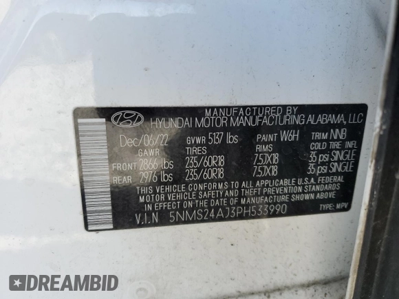 2023 Hyundai Santa Fe SEL with VIN 5NMS24AJ3PH533990, listed as a Copart auction lot 46389765 with 86,817 mi miles and Salvage Title. Bid and sale history available at carsss.com. Image 13.