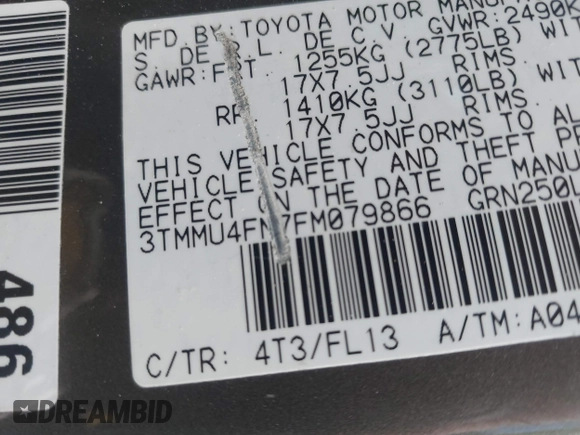 2015 Toyota Tacoma with VIN 3TMMU4FN7FM079866, listed as a IAAI auction lot 41618881 with 165,268 mi miles. Bid and sale history available at carsss.com. Image 9.