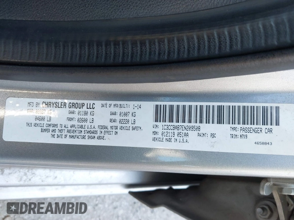 2014 Chrysler 200 LX with VIN 1C3CCBAB7EN209508, listed as a IAAI auction lot 41435883 with 271,090 mi miles. Bid and sale history available at carsss.com. Image 9.