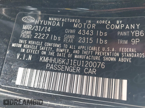2014 Hyundai Genesis Coupe Ultimate with VIN KMHHU6KJ1EU120076, listed as a IAAI auction lot 42373762 with 100,537 mi miles and . Bid and sale history available at DreamBid. Image 9.