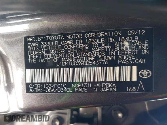 2013 Toyota Yaris L with VIN JTDKTUD39DD543776, listed as a IAAI auction lot 41758128 with 228,595 mi miles. Bid and sale history available at carsss.com. Image 9.