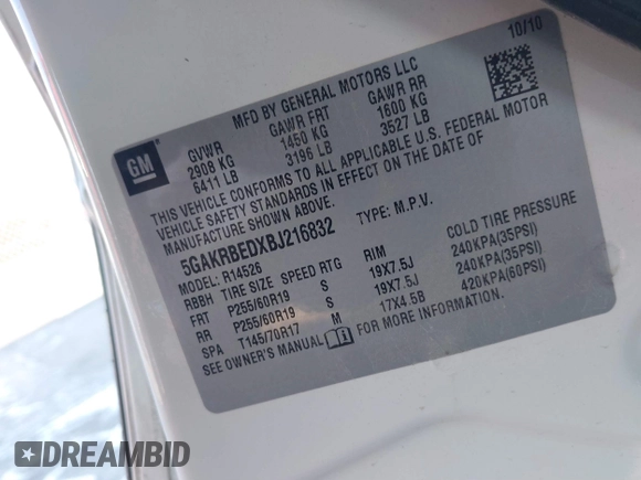 2011 Buick Enclave CXL-1 with VIN 5GAKRBEDXBJ216832, listed as a IAAI auction lot 41012583 with 158,709 mi miles. Bid and sale history available at carsss.com. Image 9.