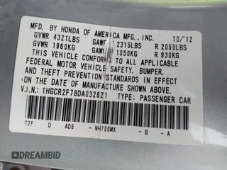 2013 Honda Accord EX с VIN 1HGCR2F78DA032621, выставлен на аукционе IAAI как лот 42372786 с пробегом 260 396 миль миль и . История ставок и продаж доступна на DreamBid. Изображение 9.